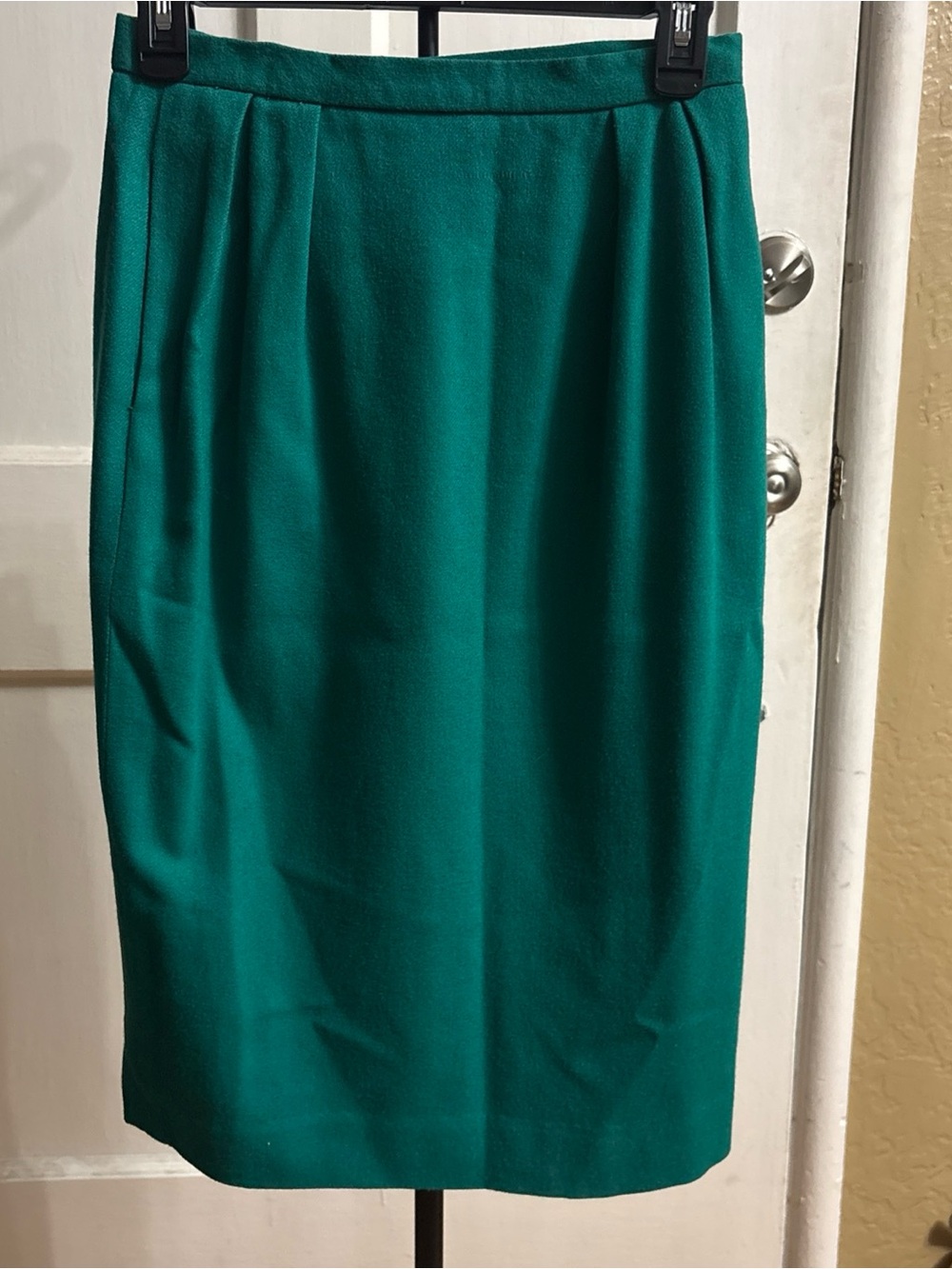 Vintage Teal Green Wool Blend Midi Pencil Skirt with Pockets - Size 6